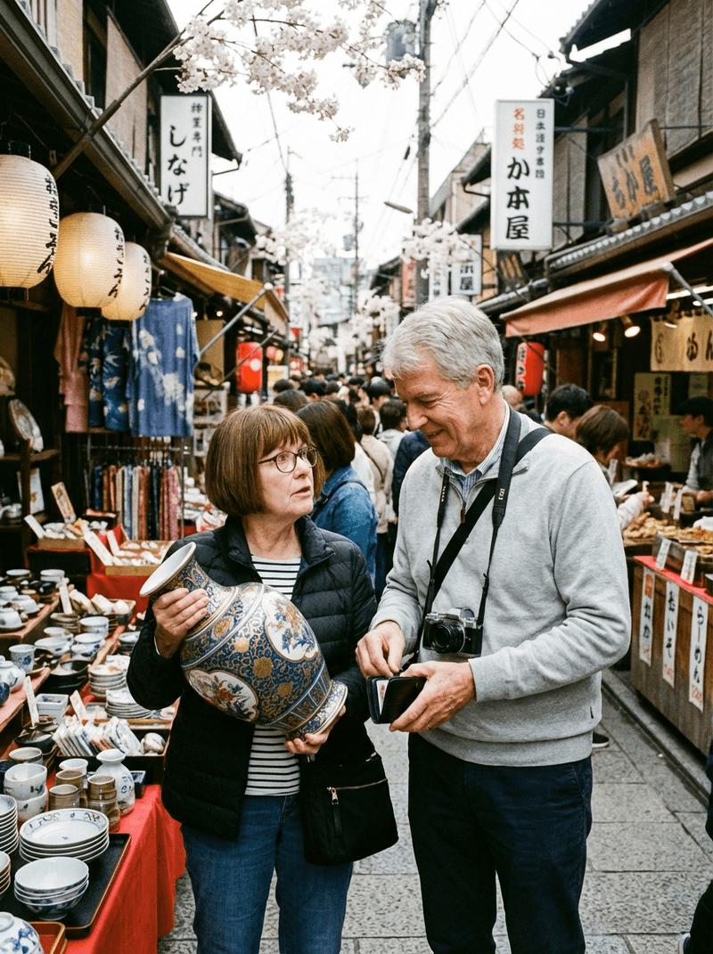 Older couple shopping for pottery in a busy Japanese market street with cherry blossoms overhead.