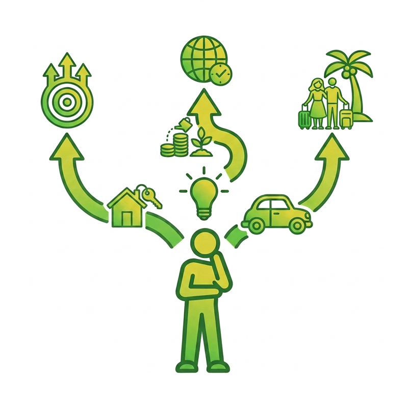 Person considering three green-yellow arrows leading to home, financial growth, and travel icons.