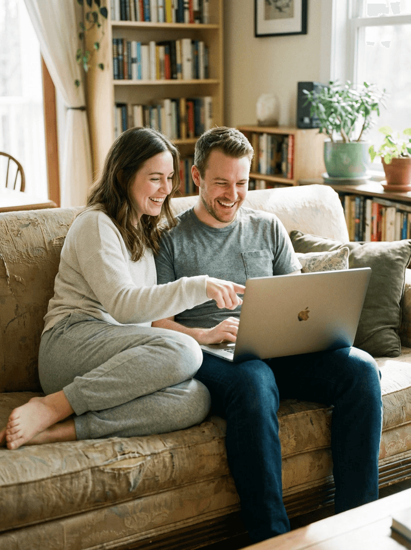 Smiling woman and man sitting on a couch looking at a laptop in a cozy room with bookshelves.